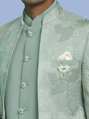 Sea green jacquard open pattern jodhpuri suit 4