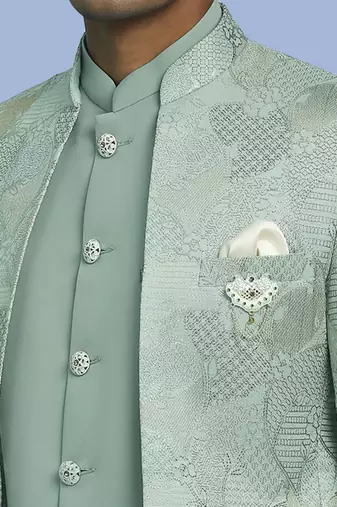 Sea green jacquard open pattern jodhpuri suit