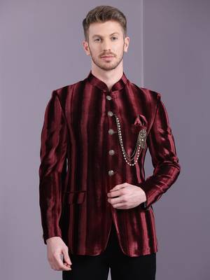 Red stripe pattern velvet jodhpuri suit 1