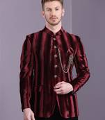 Red stripe pattern velvet jodhpuri suit