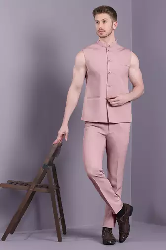 Pink jacquard open pattern jodhpuri suit
