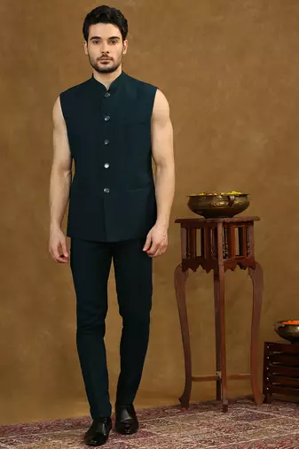 Rama green open pattern jodhpuri suit with embroidery