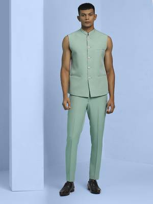 Sea green jacquard open pattern jodhpuri suit 5