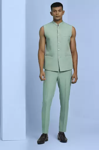 Sea green jacquard open pattern jodhpuri suit