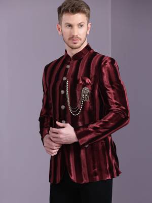 Red stripe pattern velvet jodhpuri suit 2