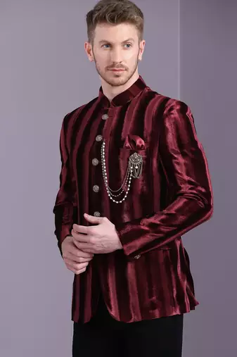 Red stripe pattern velvet jodhpuri suit