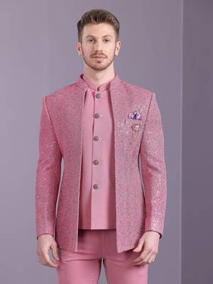 Bright pink open pattern jodhpuri suit 1