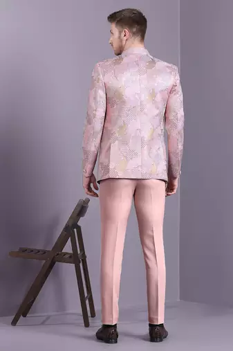 Pink jacquard open pattern jodhpuri suit