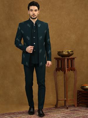Rama green open pattern jodhpuri suit with embroidery 4