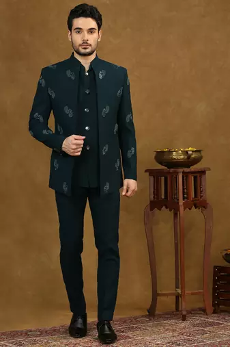 Rama green open pattern jodhpuri suit with embroidery