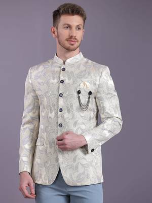 Cream jodhpuri suit with bluish ethnic motif jacquard 1