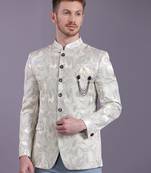 Cream jodhpuri suit with bluish ethnic motif jacquard