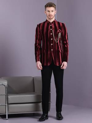 Red stripe pattern velvet jodhpuri suit 3