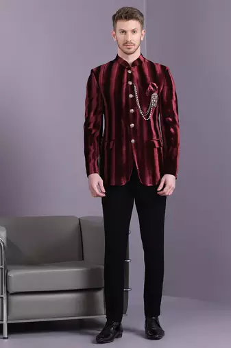 Red stripe pattern velvet jodhpuri suit
