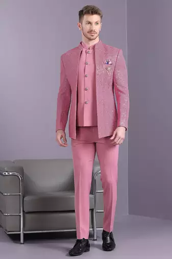 Bright pink open pattern jodhpuri suit