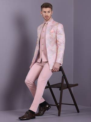 Pink jacquard open pattern jodhpuri suit 5