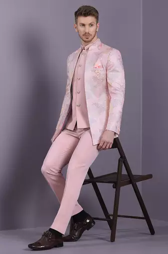 Pink jacquard open pattern jodhpuri suit