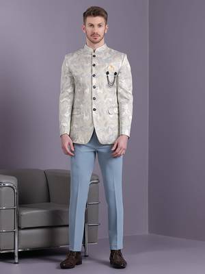Cream jodhpuri suit with bluish ethnic motif jacquard 2