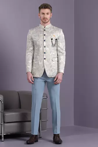 Cream jodhpuri suit with bluish ethnic motif jacquard
