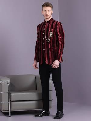 Red stripe pattern velvet jodhpuri suit 4