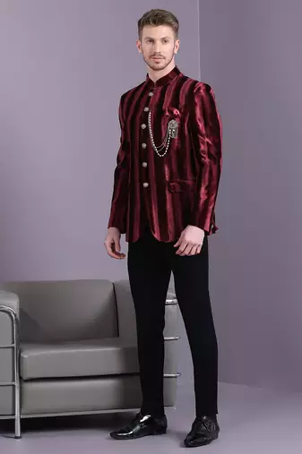 Red stripe pattern velvet jodhpuri suit