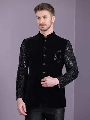 Black velvet jodhpuri suit with floral sequins work on sleeves 1