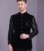 Black velvet jodhpuri suit with floral sequins work on sleeves