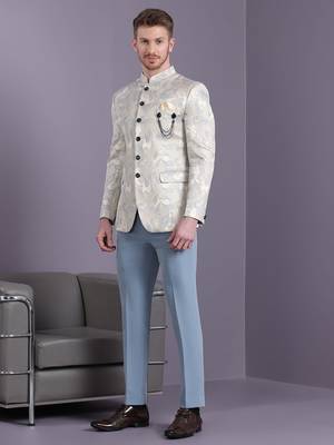 Cream jodhpuri suit with bluish ethnic motif jacquard 3