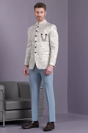 Cream jodhpuri suit with bluish ethnic motif jacquard