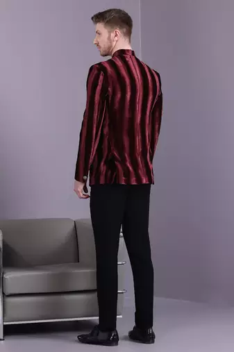 Red stripe pattern velvet jodhpuri suit