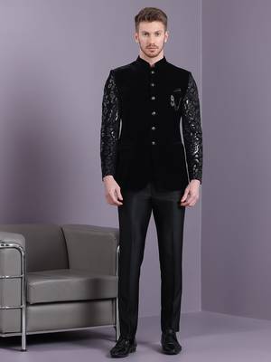 Black velvet jodhpuri suit with floral sequins work on sleeves 2