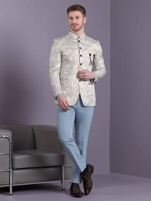 Cream jodhpuri suit with bluish ethnic motif jacquard 4