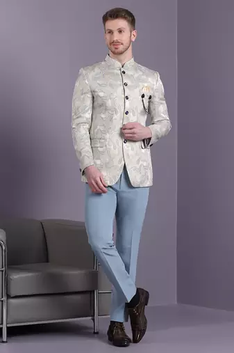 Cream jodhpuri suit with bluish ethnic motif jacquard