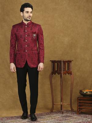 Red jacquard jodhpuri suit with floral dori work 1