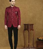 Red jacquard jodhpuri suit with floral dori work