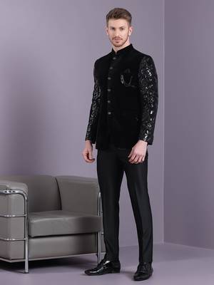 Black velvet jodhpuri suit with floral sequins work on sleeves 3