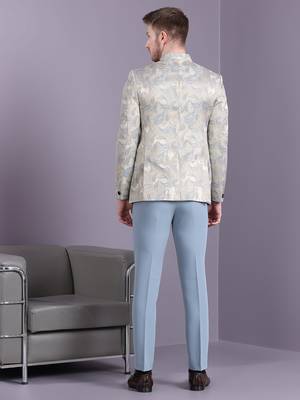 Cream jodhpuri suit with bluish ethnic motif jacquard 5