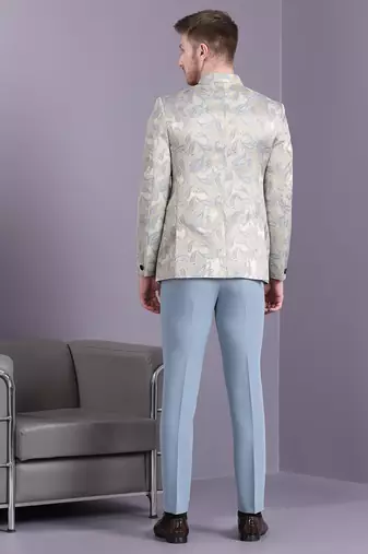 Cream jodhpuri suit with bluish ethnic motif jacquard
