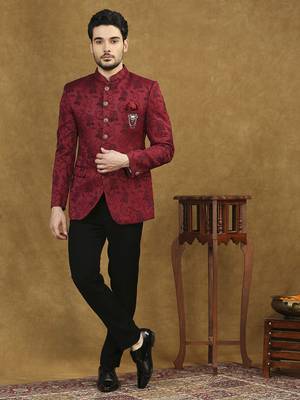 Red jacquard jodhpuri suit with floral dori work 2