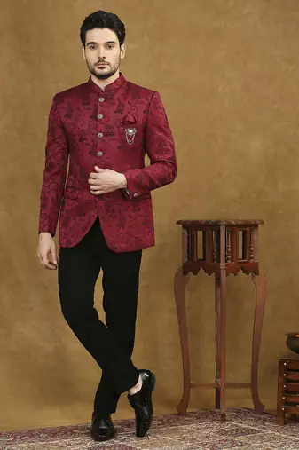 Red jacquard jodhpuri suit with floral dori work