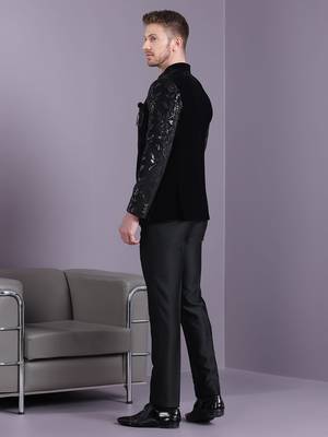 Black velvet jodhpuri suit with floral sequins work on sleeves 4