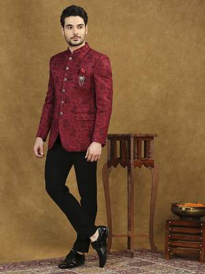 Red jacquard jodhpuri suit with floral dori work 3