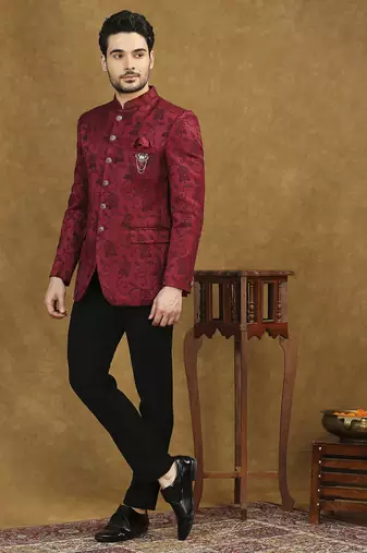 Red jacquard jodhpuri suit with floral dori work