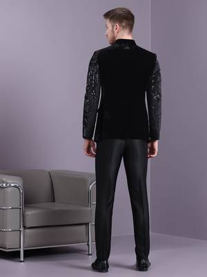 Black velvet jodhpuri suit with floral sequins work on sleeves 5