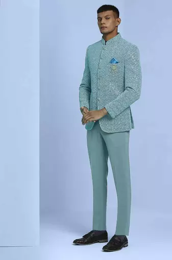 Sky blue zari embroidered jodhpuri suit