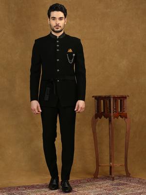 solid black jodhpuri suit with collar placement and tieable waist belt 1