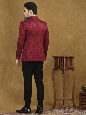 Red jacquard jodhpuri suit with floral dori work 4