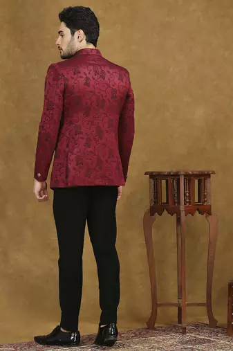 Red jacquard jodhpuri suit with floral dori work