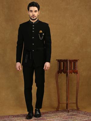 solid black jodhpuri suit with collar placement and tieable waist belt 2