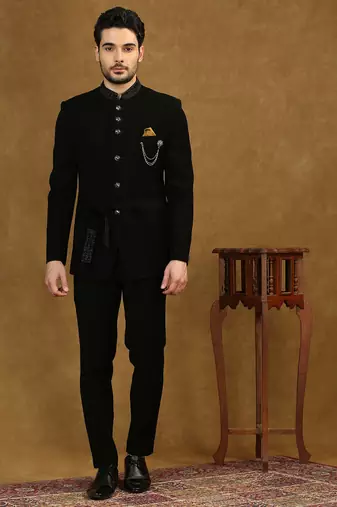 solid black jodhpuri suit with collar placement and tieable waist belt